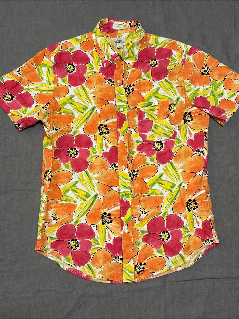 J. Crew 100% Linen Orange and Pink Floral Short-Sleeve Button-Down Shirt